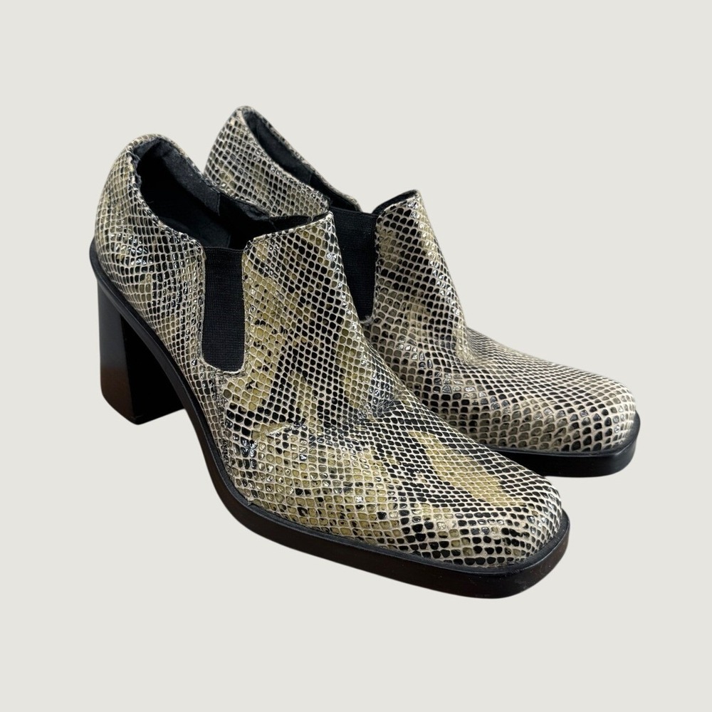 MIA Snakeskin Print Square Toe Ankle Boots 6.5M Cream Black 90s Retro Block Heel